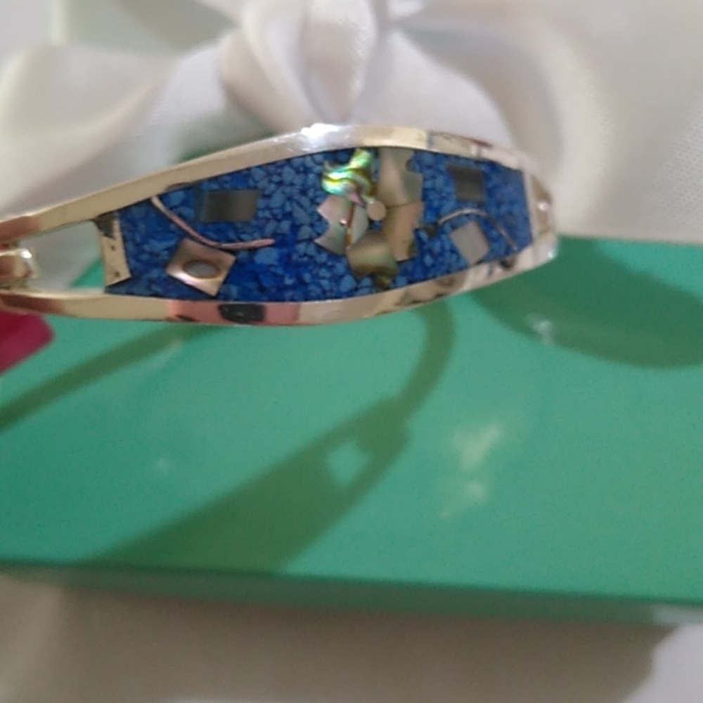Alpaca Silver Tone Mexico Crushed Turquoise + Abalone Shell Inlay Cuff B…
